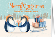 Custom From Our Home to Yours Merry Christmas Two Penguins with Gifts card