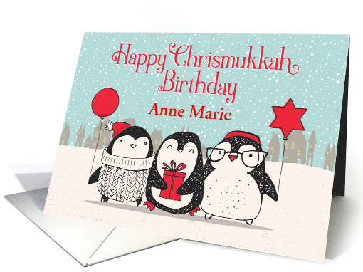 Custom Happy Chrismukkah Birthday Snow Three Penguins... (1460262)