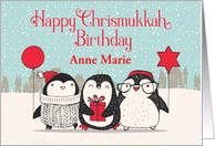 Custom Happy Chrismukkah Birthday Snow Three Penguins with Balloon card