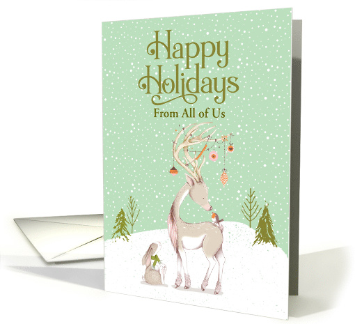 Custom From All of Us Happy Holidays Deer Bunny Robin Snowy Scene card