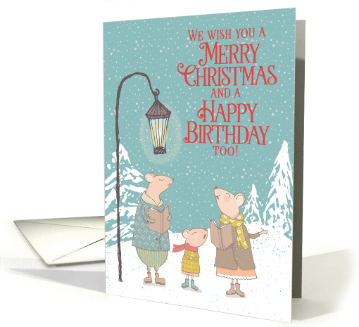 Merry Christmas and Happy Birthday Singing Mice Snowy Scene card