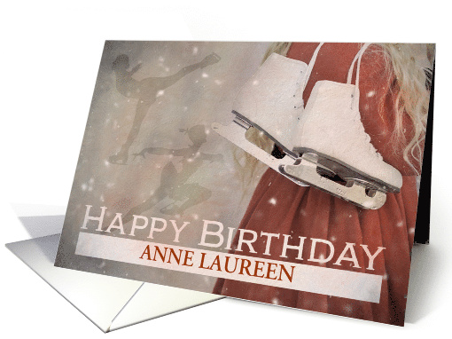 Custom Happy Birthday with Ice Skates and Silhouette Ice Skater card