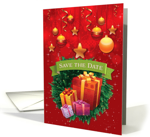 Illustrated Save the Date Christmas Party, Wreath, Gifts, Stars card