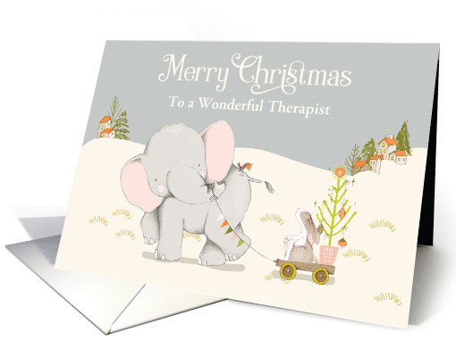 Custom Merry Christmas For Therapist, Elephant with Bunny on Cart card