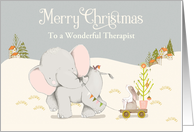 Custom Merry Christmas For Therapist, Elephant with Bunny on Cart card