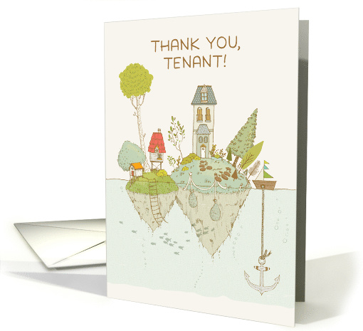 Thank You Tenant, Illustrated Island with Houses and Trees, Boat card