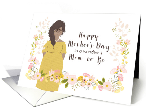 Illustrated Mother's Day for Mom-to-Be, Curly Haired Mom, Floral card