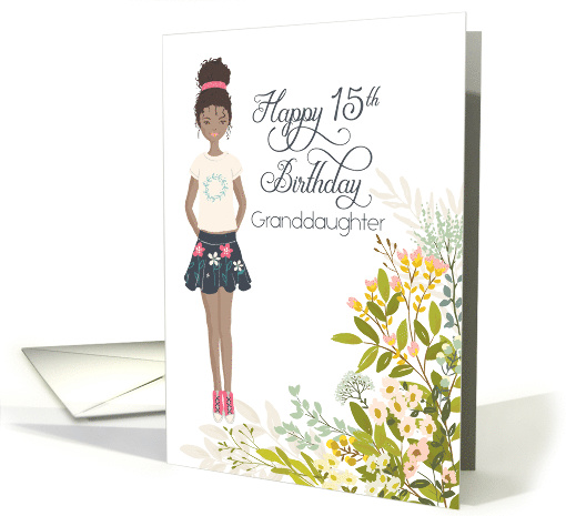 Illustrated Afro American 15th Birthday for Granddaughter, Floral card