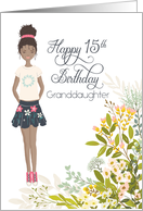 Illustrated Afro American 15th Birthday for Granddaughter, Floral card