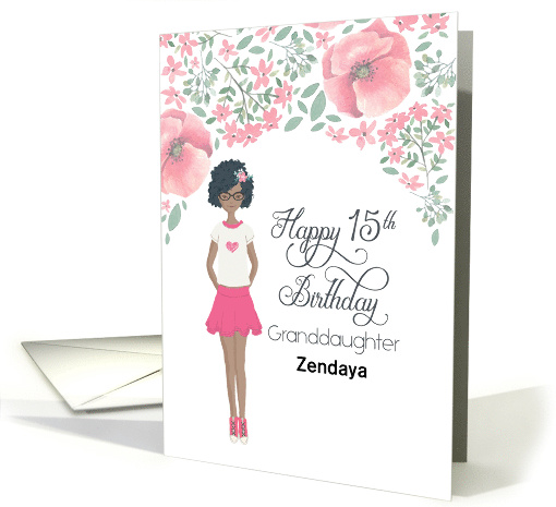 Illustrated Afro American 15th Birthday for Granddaughter, Floral card