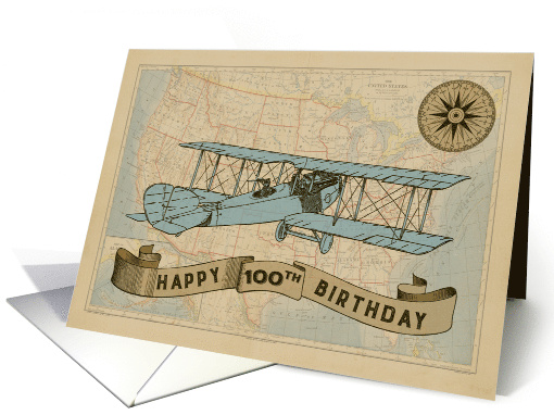 Illustrated Vintage Military Plane 100th Birthday USA Map Compass card