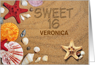 Custom Name Happy Birthday, Sweet Sixteen, Sand, Starfish, Seashells card