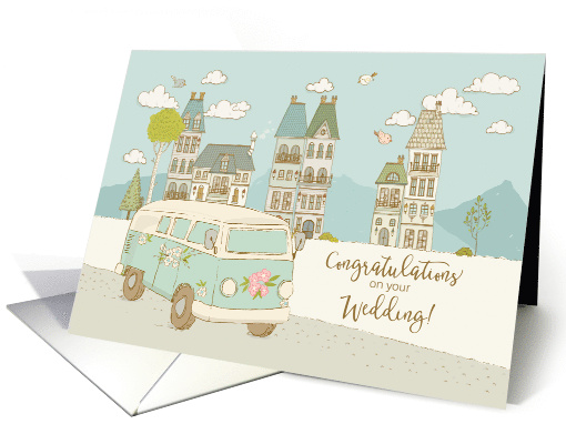 Illustrated Congratulations on Your Wedding, Vintage Van, Houses card