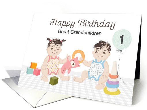 Custom Great Grandchildren 1st Birthday, Twin Boy and Girl, Toys card