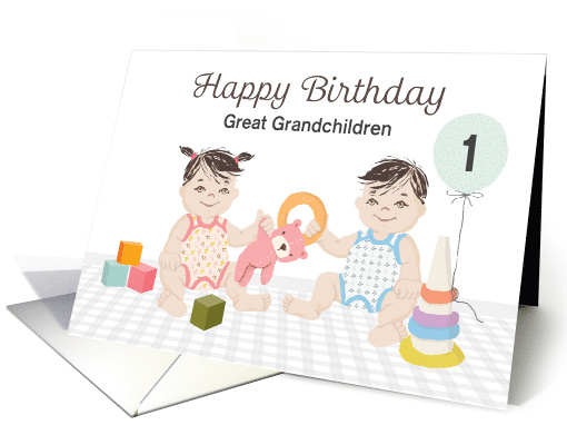 Custom Great Grandchildren 1st Birthday, Twin Boy and Girl, Toys card