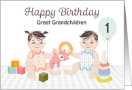 Custom Great Grandchildren 1st Birthday, Twin Boy and Girl, Toys card