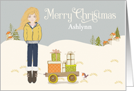 Custom Name Christmas Curly Haired Blonde Girl in Winter with Gifts card