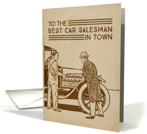 Illustrated Thank You Best Car Dealer Men and Vintage Vehicle card