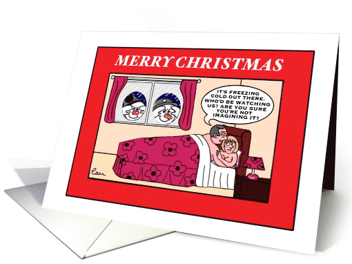Christmas Snowmen take a Sneaky Peek at a Couple in the Bedroom card
