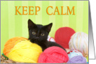 Black kitten in balls of yarn, crochet on card