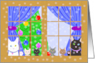 Merry Christmas Cat Family Peaking out Window Watching Snow Fall card