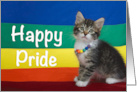 Happy Pride Kitten on Rainbow Flag Wearing Rainbow Bead Necklace card
