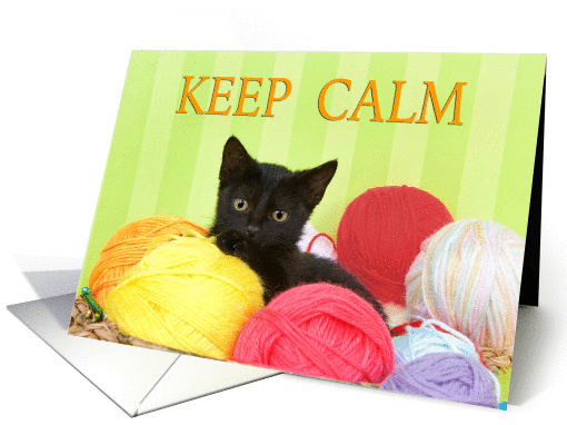 Black kitten in balls of yarn, crochet on card (1447240)