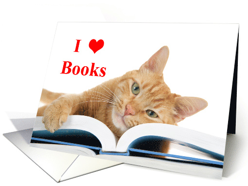 Tabby cat hugging an open book card (1474622)