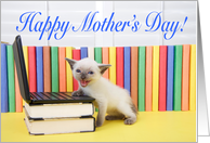 One adorable Siamese kitten at a computer wishing Happy Mother’s Day card