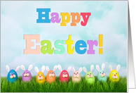 Row of Colorful eggs bunnies saying Happy Easter card