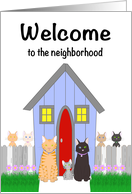 Welcome to the Neighborhood Cats on House Porch with Kittens on Fence card