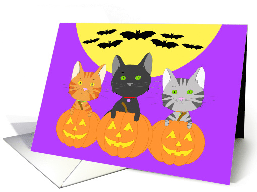 Happy Halloween Kittens on Pumpkins and Bats Flying in... (1671372)