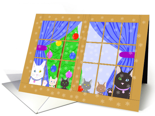 Merry Christmas Cat Family Peaking out Window Watching Snow Fall card