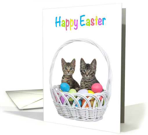 Two Kittens in an Basket with Colorful Eggs Happy Easter card