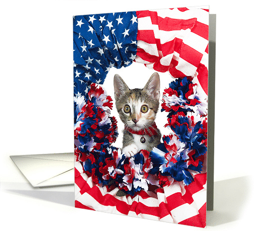 Happy 4th of July Patriotic Kitten Peeking through Flag Wreath card