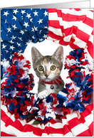 Happy 4th of July Patriotic Kitten Peeking through Flag Wreath card