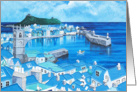 Acrylic,Impasto Panting of a Fishing Village in Blue card