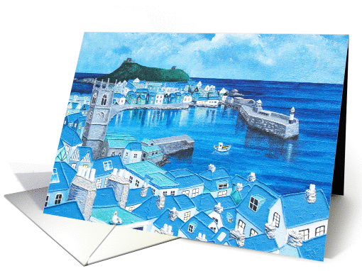 Acrylic,Impasto Panting of a Fishing Village in Blue card (1442068)
