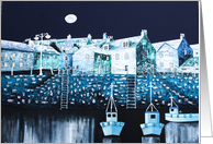 Painting in Shades of Blue and Turquoise of Fishing Village card