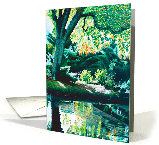 Tree Reflections in a River with first signs of Autumn leaves card