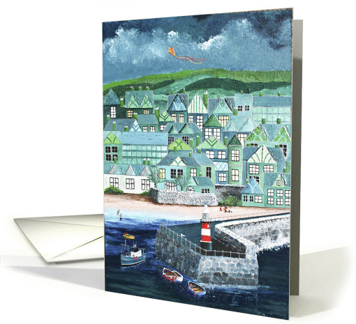 Whimsical, acrylic impasto Painting of Seaside Town card (1443058)