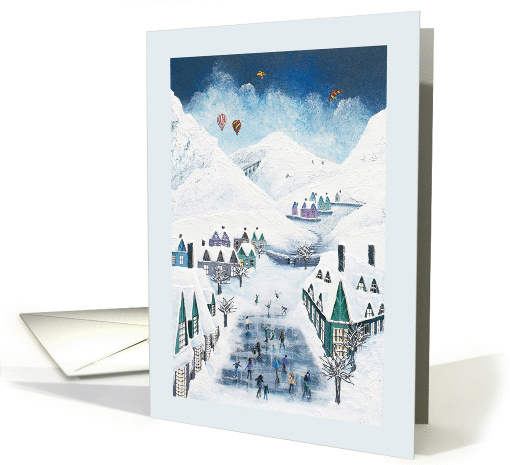 Whimsical acrylic, impasto Painting of Imaginary Alpine Scene card