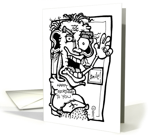 Funny Smiling Zombie Birthday in Pen and Ink card (1445464)