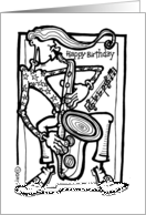 Cool Man Playing Saxophone Wavy Hair Birthday in Pen and Ink card