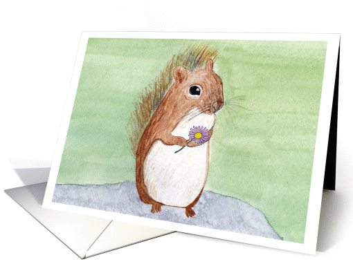 Cute Brown Squirrel Holding a Purple and Yellow Daisy Flower card