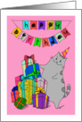 Happy Birthday for a Girl - Cute Kitty with a Pile of Gifts card