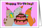 Girl Birthday - Cute Kitty with Cake and Friends card