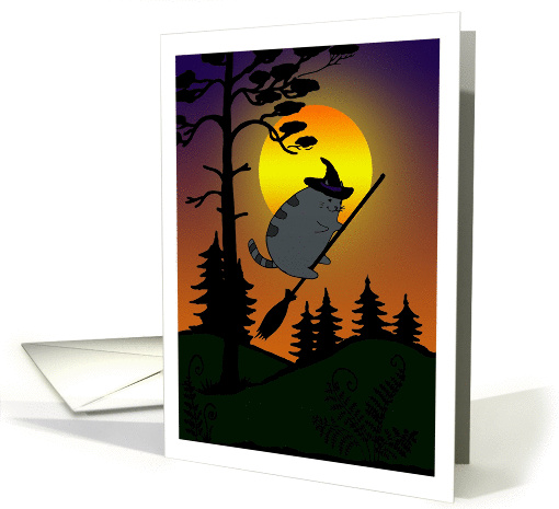 Cute Halloween Witch Kitty Flying a Broom card (1453308)