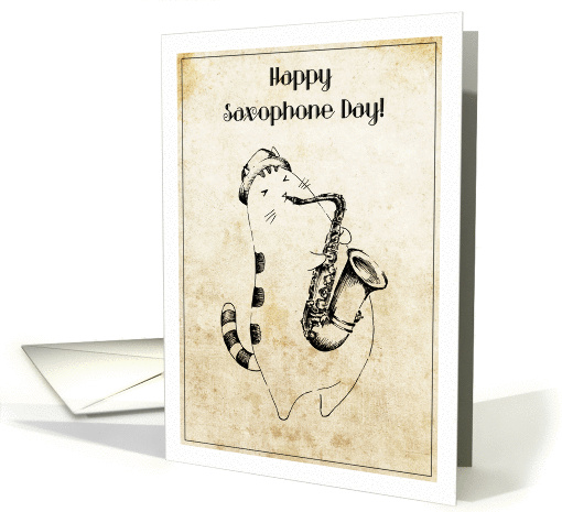 Saxophone Day - Cute Kitty Saxophonist on Vintage Background card