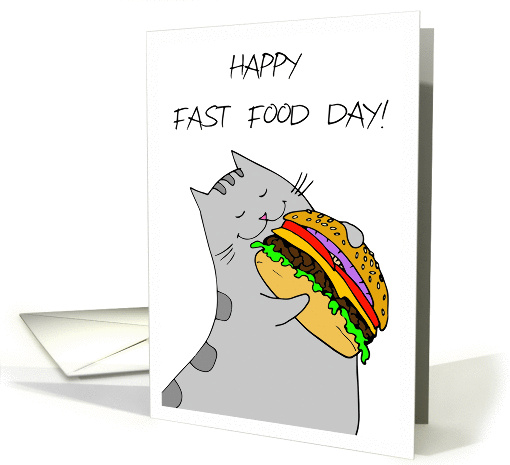 Fast Food Day - Happy Kitty with a Hamburger card (1455462)